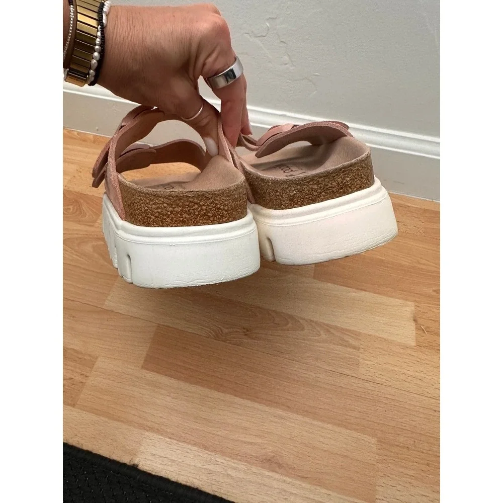 Papillio Birkenstock Arizona Sandals Women 38 Pink Suede Platform Lug Sole Slide